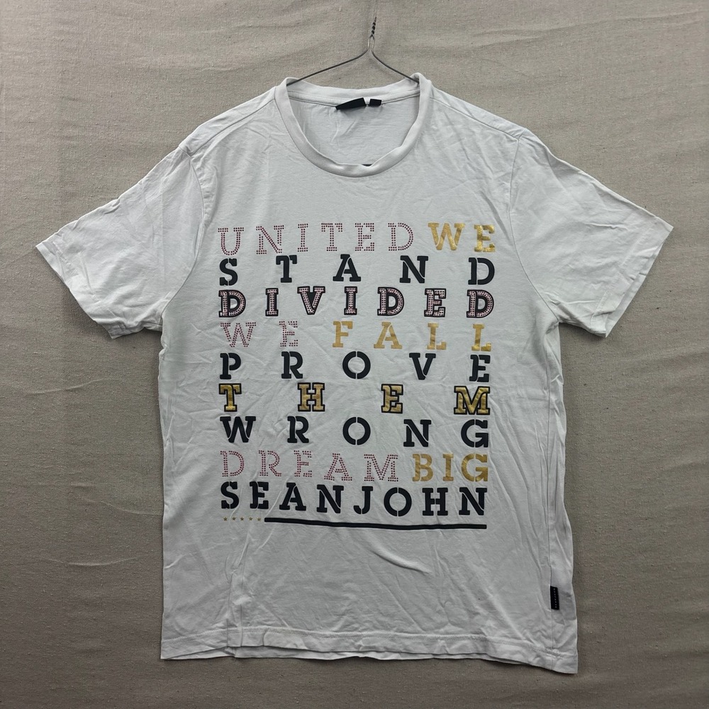 Sean John Graphic T-Shirt Mens Large White United We Stand Rhinestone Gold L